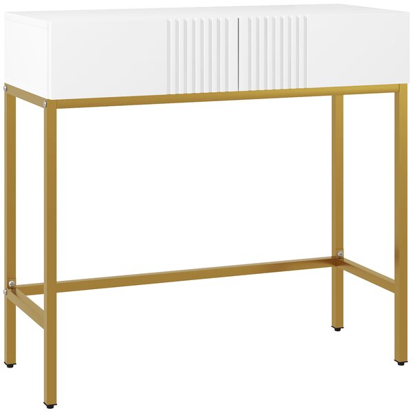 HOMCOM Tavolo Moderna per Ingresso a linee con 2 Cassetti e Gambe Dorate, Consolle con Rivestimento in plastica e Base in acciaio, Bianco|Aosom Italy