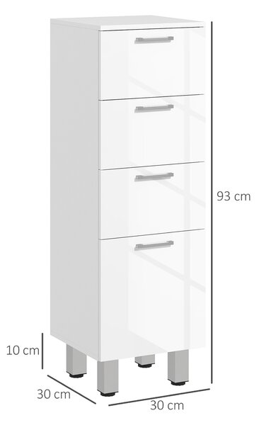 Kleankin Mobiletto Bagno in Truciolato con 4 Cassetti e Base Rialzata, 30x30x93 cm, Bianco|Aosom