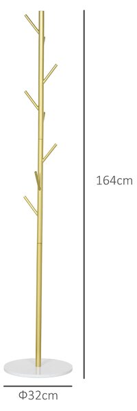 HOMCOM Appendiabiti da Terra Autoportante con 8 Ganci, Base in Marmo e Acciaio, Ø32x164cm, Oro