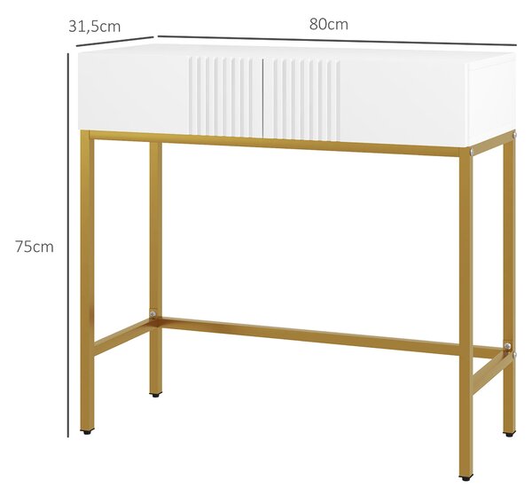 HOMCOM Tavolo Moderna per Ingresso a linee con 2 Cassetti e Gambe Dorate, Consolle con Rivestimento in plastica e Base in acciaio, Bianco|Aosom Italy