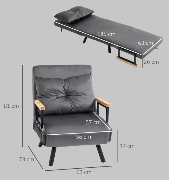 HOMCOM Poltrona Letto Singolo in Tessuto Effetto Velluto Reclinabile in 5 Posizioni con Cuscino Sfoderabile, 63x73x81cm, Grigio Scuro | Aosom Italy
