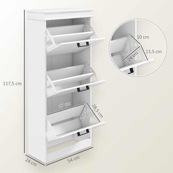 HOMCOM Armadio Scarpiera Moderna con 3 Cassetti Ribaltabili per 15 Paia di Scarpe e Ripiano Regolabile, 54x24x117.5cm, Bianco| Aosom Italy