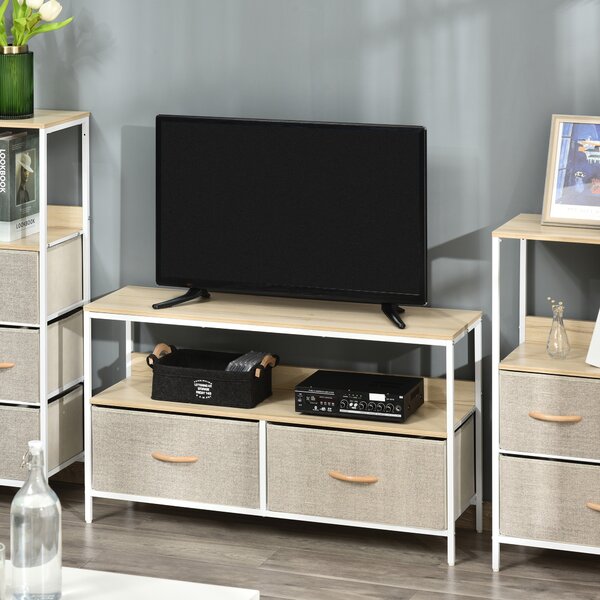 HOMCOM Mobile Porta TV da 47" con Cassetti Pieghevoli in Tessuto e Mensola in Metallo e MDF, 98x29x56cm, Colore Legno