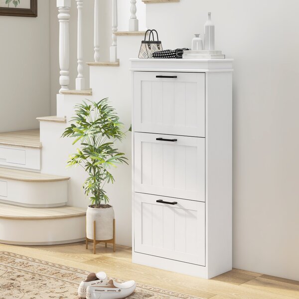 HOMCOM Armadio Scarpiera Moderna con 3 Cassetti Ribaltabili per 15 Paia di Scarpe e Ripiano Regolabile, 54x24x117.5cm, Bianco| Aosom Italy