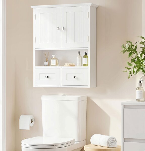 Kleankin Armadietto Pensile Bagno a 2 Ante con Ripiano Aperto e 2 Cassetti in Legno, Bianco