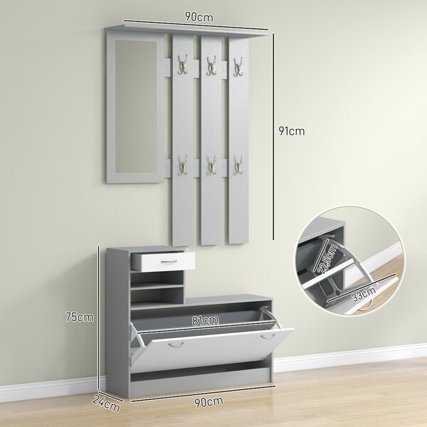 HOMCOM Mobile Appendiabiti 3 in 1 con Scarpiera e Specchio, Ganci e Cassetti, in Legno, 90x10x102 cm, Bianco e Grigio