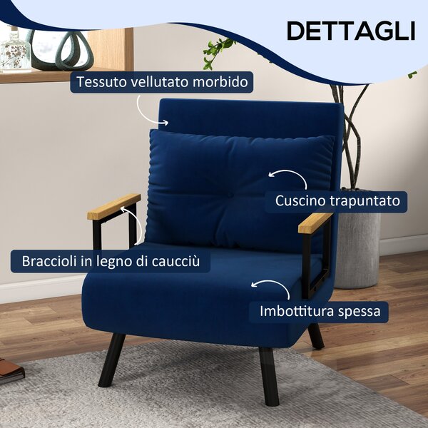 HOMCOM Poltrona Letto Singolo in Tessuto Effetto Velluto Reclinabile in 5 Posizioni con Cuscino Sfoderabile, 63x73x81cm, Blu | Aosom Italy