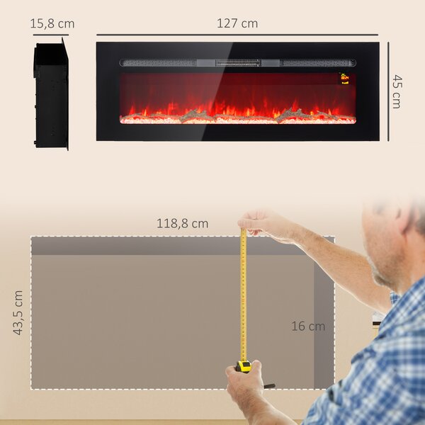 HOMCOM Camino Elettrico 1800W Regolabile con Telecomando, in Acciaio e Vetro Temperato, 127x15.8x45 cm, Nero