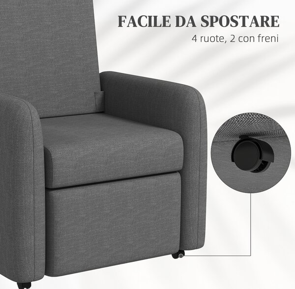 HOMCOM Poltrona Reclinabile 115° max con Poggiapiedi e 4 Ruote, in Poliestere e Legno, 76x78.5x102 cm, Grigio