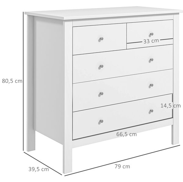 HOMCOM Cassettiera 5 Cassetti con guide in metallo e sistema antiribaltamento per Camera e Soggiorno in Legno Bianco, 79x39.5x80.5 cm| Aosom Italy
