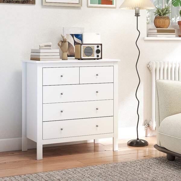 HOMCOM Cassettiera 5 Cassetti con guide in metallo e sistema antiribaltamento per Camera e Soggiorno in Legno Bianco, 79x39.5x80.5 cm| Aosom Italy