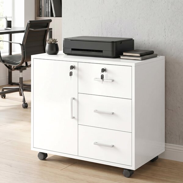 HOMCOM Schedario per Ufficio con 3 Cassetti e Armadietto con 3 Ripiani Regolabili, in Legno, 60x40x56 cm, Bianco