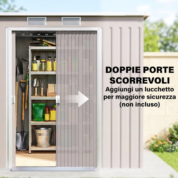 Outsunny Casetta da Giardino con Tetto Inclinato, 2 Ingressi e Prese d'Aria, Capanno Attrezzi in Acciaio Zincato, 213x130x172 cm, Grigio | Aosom Italy