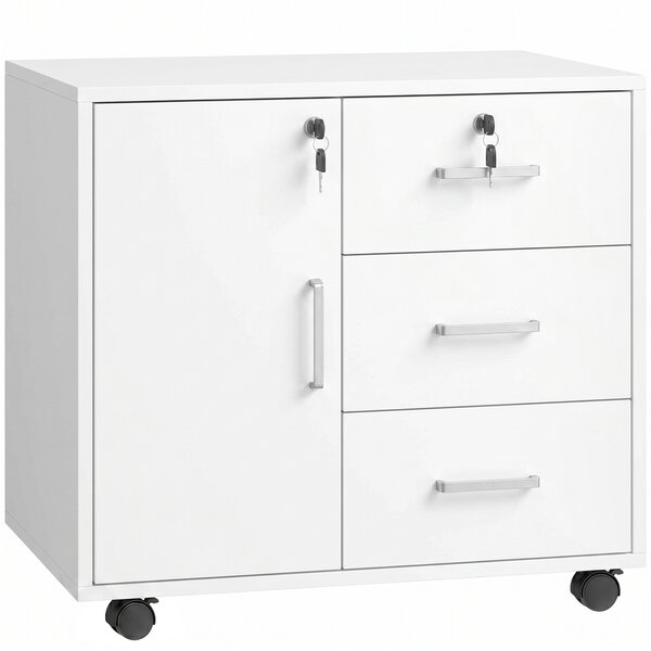 HOMCOM Schedario per Ufficio con 3 Cassetti e Armadietto con 3 Ripiani Regolabili, in Legno, 60x40x56 cm, Bianco