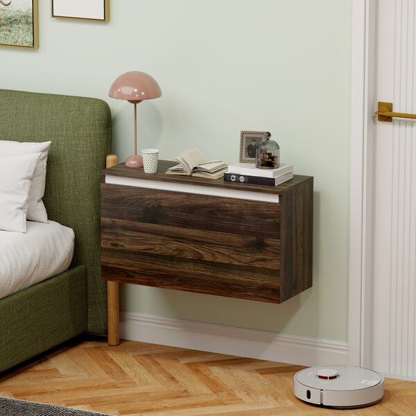 HOMCOM Comodino Sospeso con Cassetto Senza Maniglie e con Fissaggio a Parete, 80x30x45cm, Noce