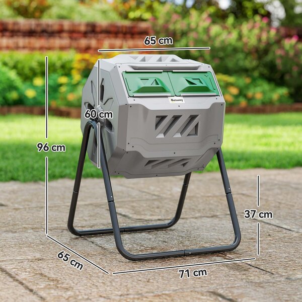 Outsunny Compostiera da Giardino Girevole a 2 Sezioni con 8 Prese d'Aria, in Acciaio e PP, 71x65x96 cm, Grigio