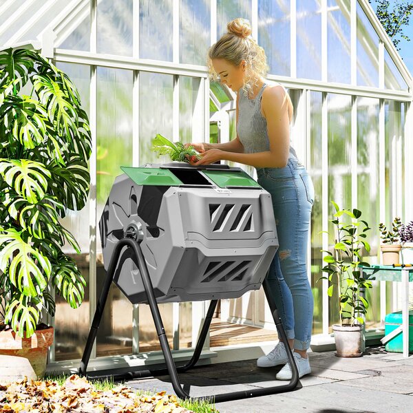 Outsunny Compostiera da Giardino Girevole a 2 Sezioni con 8 Prese d'Aria, in Acciaio e PP, 71x65x96 cm, Grigio