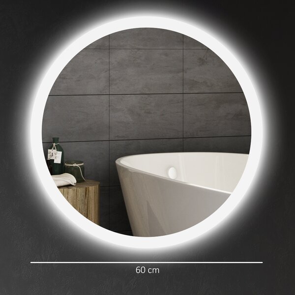 Kleankin Specchio Bagno con Luci LED Regolabili, Controllo Touch e Design Antiappannamento, Ø60 cm
