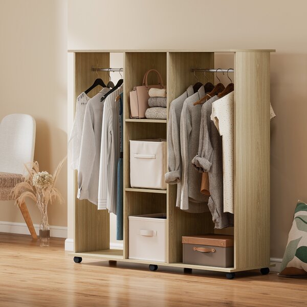 HOMCOM Armadio Guardaroba a Rotelle con 2 Barre e 3 Ripiani Aperti, in Legno e Alluminio, 120x40x128 cm, Color Legno | Aosom Italy