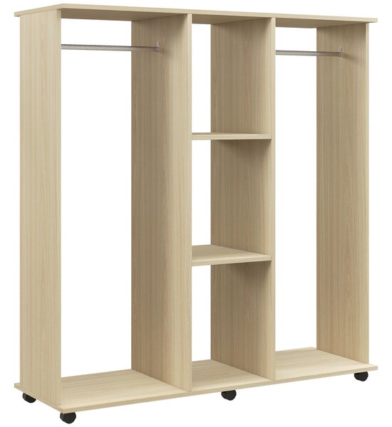 HOMCOM Armadio Guardaroba a Rotelle con 2 Barre e 3 Ripiani Aperti, in Legno e Alluminio, 120x40x128 cm, Color Legno | Aosom Italy