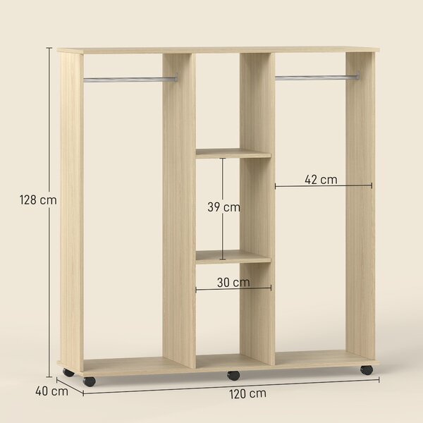 HOMCOM Armadio Guardaroba a Rotelle con 2 Barre e 3 Ripiani Aperti, in Legno e Alluminio, 120x40x128 cm, Color Legno | Aosom Italy