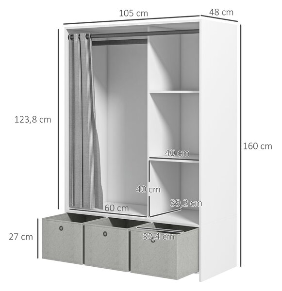 HOMCOM Armadio Guardaroba con Barra Appendiabiti, 3 Cassetti in Tessuto e 3 Ripiani, 105x48x160 cm, Bianco e Grigio | Aosom Italy