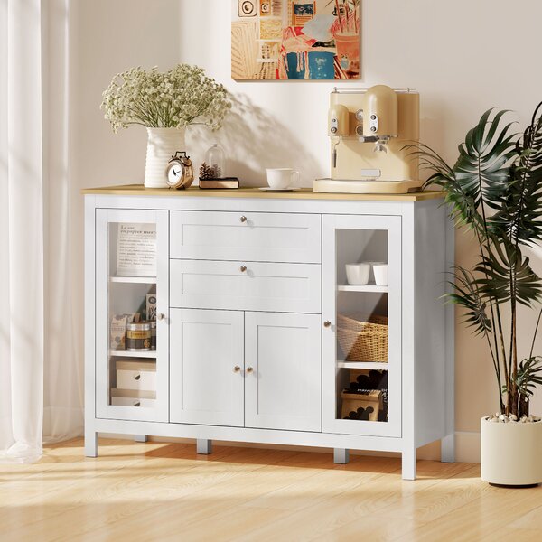 HOMCOM Mobile Cucina con 2 Cassetti e 3 Armadietti, Ante in Vetro e Ripiani Regolabili, 120x40x90 cm, Bianco e Rovere | Aosom Italy
