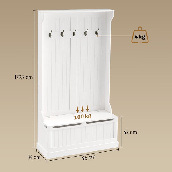 HOMCOM Appendiabiti da Terra 179.7cm con Panca Porta Scarpe, 5 Ganci, Dispositivo Antiribaltamento, per Ingresso, Crema | Aosom Italy