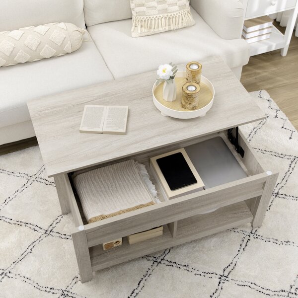 HOMCOM Tavolino rettangolare con piano sollevabile, 2 scomparti aperti, pannello truciolare 105 x 50 x 49 cm - rovere