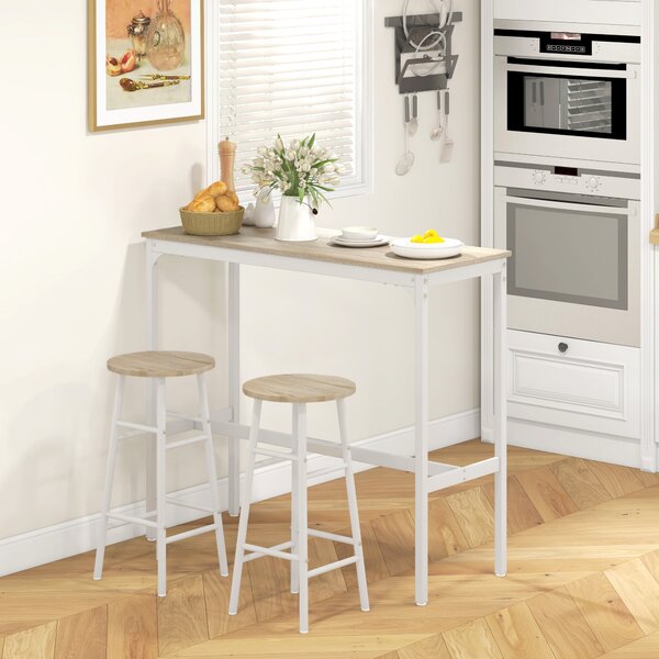 HOMCOM Set da Bar 3 Pezzi con Tavolino Alto e Sgabelli da Bar con Poggiapiedi, Set Tavolo Alto con Sgabelli, per Cucina e Salotto, Design Industriale, in Legno e Acciaio, Bianco e Rovere | Aosom Italy