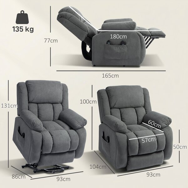 HOMCOM Poltrona Moderno con 2 Tasche e Telecomando, Sedia Alzapersona Massaggiante e Reclinabile, 93x104x105 cm, Grigio | Aosom Italy