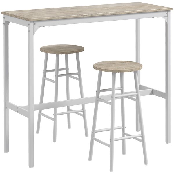 HOMCOM Set da Bar 3 Pezzi con Tavolino Alto e Sgabelli da Bar con Poggiapiedi, Set Tavolo Alto con Sgabelli, per Cucina e Salotto, Design Industriale, in Legno e Acciaio, Bianco e Rovere | Aosom Italy