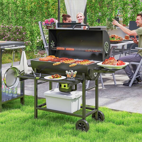 Outsunny Barbecue a Carbone in Acciaio Smoker con Coperchio, Maniglie, Termometro e Ruote, 114x65x95 cm, Nero | Aosom Italy