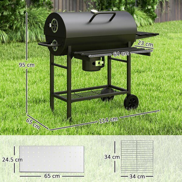 Outsunny Barbecue a Carbone in Acciaio Smoker con Coperchio, Maniglie, Termometro e Ruote, 114x65x95 cm, Nero | Aosom Italy