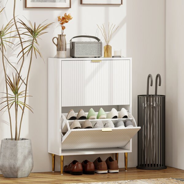 HOMCOM Scarpiera Slim per 12 Paia di Scarpe con 2 Cassetti a Ribalta e Ripiani Regolabili, 60x24x91.5 cm, Bianco | Aosom Italy