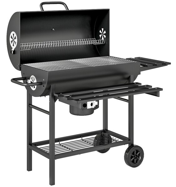 Outsunny Barbecue a Carbone in Acciaio Smoker con Coperchio, Maniglie, Termometro e Ruote, 114x65x95 cm, Nero | Aosom Italy