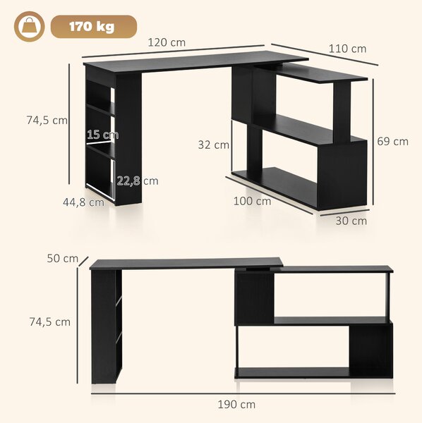 HOMCOM Scrivania Angolare con Piano Girevole a 360° e 5 Ripiani, 120x110x74.5 cm, Nero | Aosom Italy