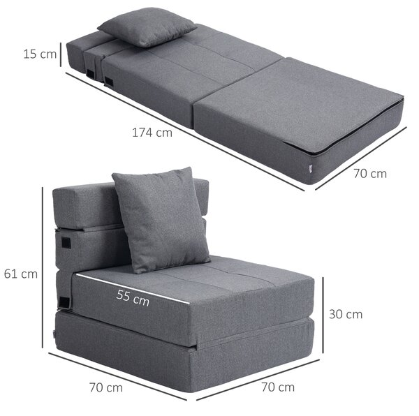 HOMCOM Poltrona Letto Moderno 2 in 1 da Terra Pieghevole con Seduta Morbida e Cuscino, 70x70x61 cm, Grigio | Aosom Italy