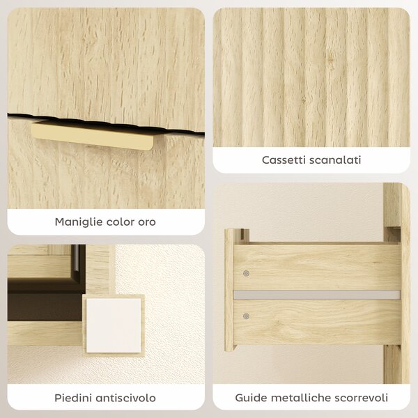 HOMCOM Cassettiera con 4 Cassetti Scanalati e Maniglie Dorate, 70x38x93 cm, Legno Naturale | Aosom Italy