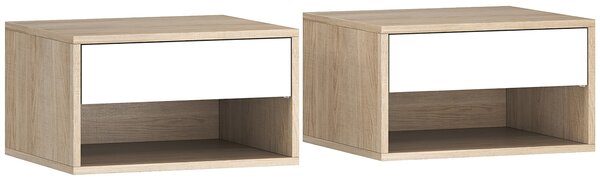 HOMCOM Set di 2 Comodini da Parete con Cassetto, Scomparto Aperto e Piano d'Appoggio, 37x32x21 cm, Legno Naturale | Aosom Italy