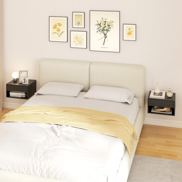 HOMCOM Set di 2 Comodini da Parete con Cassetto, Scomparto Aperto e Piano d'Appoggio, 37x32x21 cm, Nero | Aosom Italy