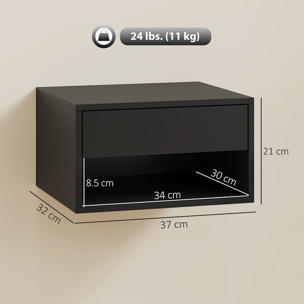 HOMCOM Set di 2 Comodini da Parete con Cassetto, Scomparto Aperto e Piano d'Appoggio, 37x32x21 cm, Nero | Aosom Italy