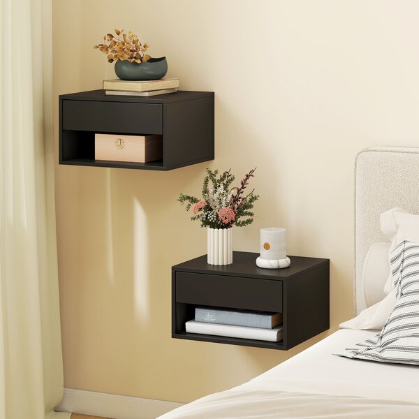 HOMCOM Set di 2 Comodini da Parete con Cassetto, Scomparto Aperto e Piano d'Appoggio, 37x32x21 cm, Nero | Aosom Italy