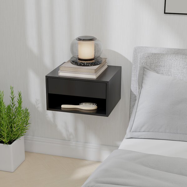HOMCOM Set di 2 Comodini da Parete con Cassetto, Scomparto Aperto e Piano d'Appoggio, 37x32x21 cm, Nero | Aosom Italy
