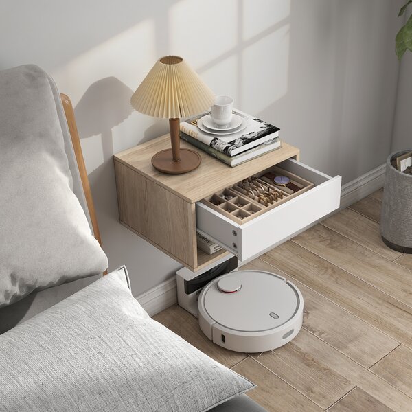 HOMCOM Set di 2 Comodini da Parete con Cassetto, Scomparto Aperto e Piano d'Appoggio, 37x32x21 cm, Legno Naturale | Aosom Italy