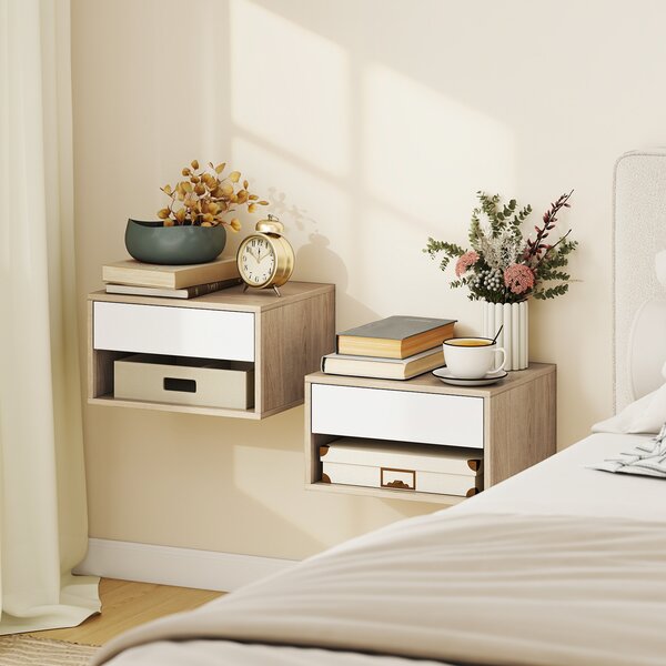 HOMCOM Set di 2 Comodini da Parete con Cassetto, Scomparto Aperto e Piano d'Appoggio, 37x32x21 cm, Legno Naturale | Aosom Italy