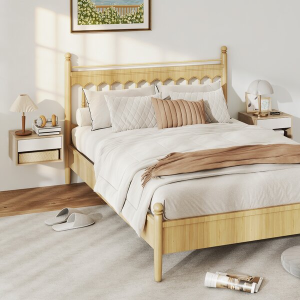 HOMCOM Set di 2 Comodini da Parete con Cassetto, Scomparto Aperto e Piano d'Appoggio, 37x32x21 cm, Legno Naturale | Aosom Italy