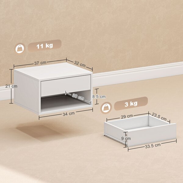 HOMCOM Set di 2 Comodini da Parete con Cassetto, Scomparto Aperto e Piano d'Appoggio, 37x32x21 cm, Bianco | Aosom Italy