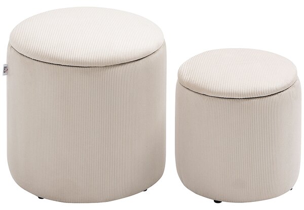 HOMCOM Set di 2 Pouf Contenitore Salvaspazio Rotondi e Imbottiti in Velluto a Coste, Bianco | Aosom Italy