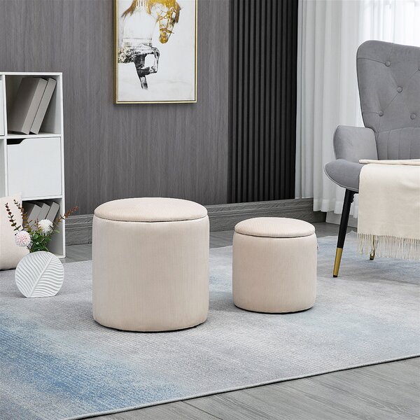 HOMCOM Set di 2 Pouf Contenitore Salvaspazio Rotondi e Imbottiti in Velluto a Coste, Bianco | Aosom Italy